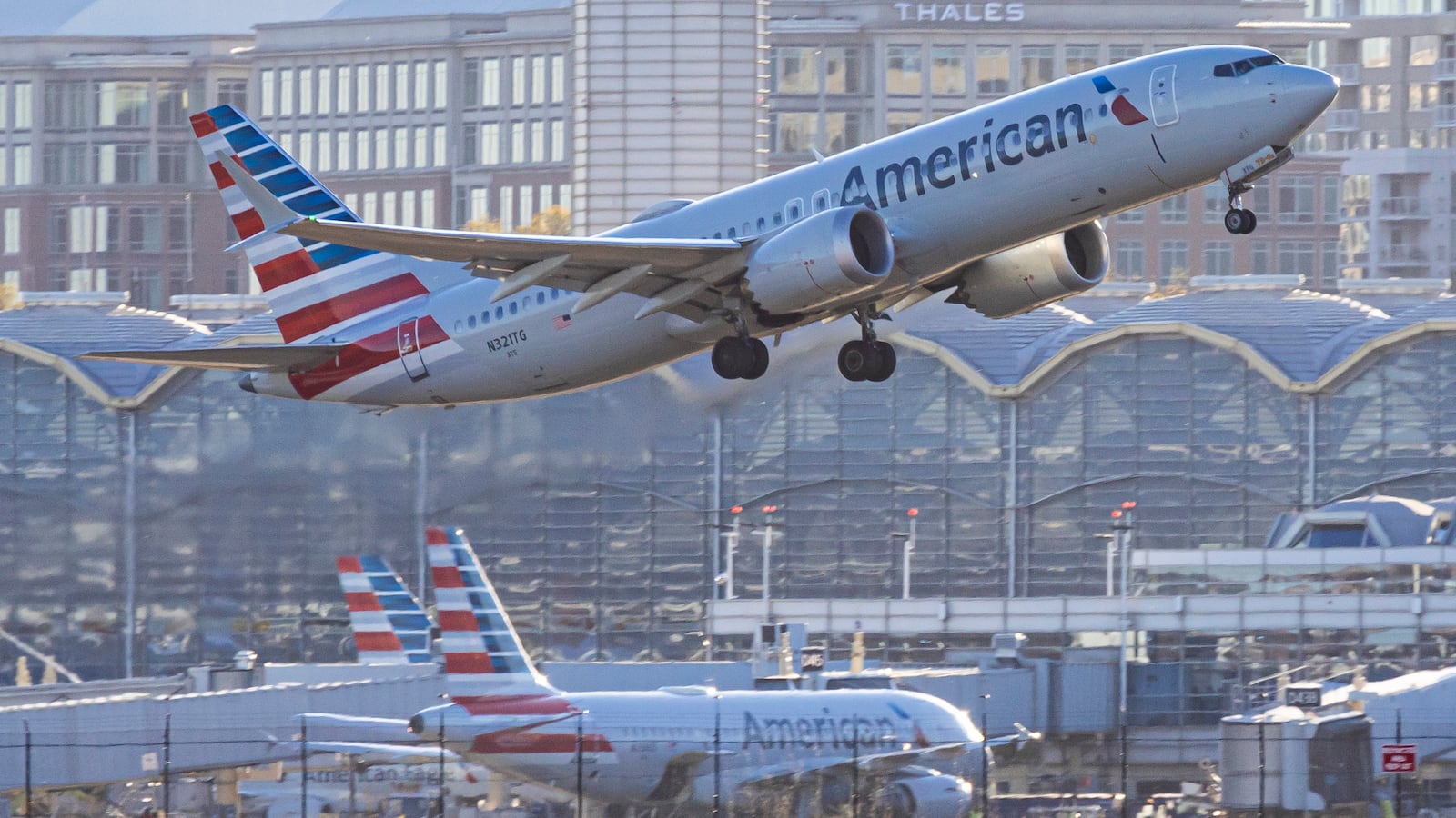 American Airlines Boeing 737 MAX 8 passenger aircraft spotted during takeoff from Ronald Reagan Washington National Airport on November 8, 2024.