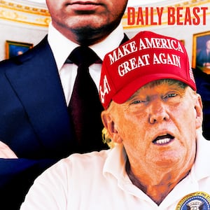 A photo illustration of Donald Trump and Stephen Miller inside the Oval Office for The Daily Beast podcast.
