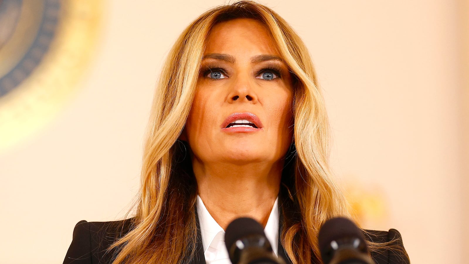 Melania Trump delivers remarks in the Grand Foyer at the White House on October 10, 2025 in Washington, DC.