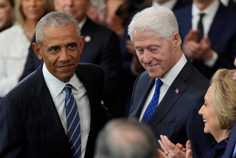 WASHINGTON, DC - JANUARY 20: Former President Barack Obama, former President Bill Clinton and former Secretary of State Hillary Clinton attend the Inauguration of Donald J. Trump in the U.S. Capitol Rotunda on January 20, 2025 in Washington, DC. Donald Trump takes office for his second term as the 47th president of the United States. (Photo by Julia Demaree Nikhinson - Pool/Getty Images)