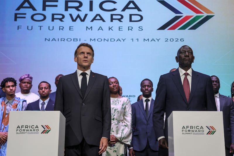 France's President Emmanuel Macron (L) and Kenya's President William Ruto (R) takes part in the youth session Africa Forward: Future Makers during the Africa Forward summit in Nairobi on May 11, 2026.