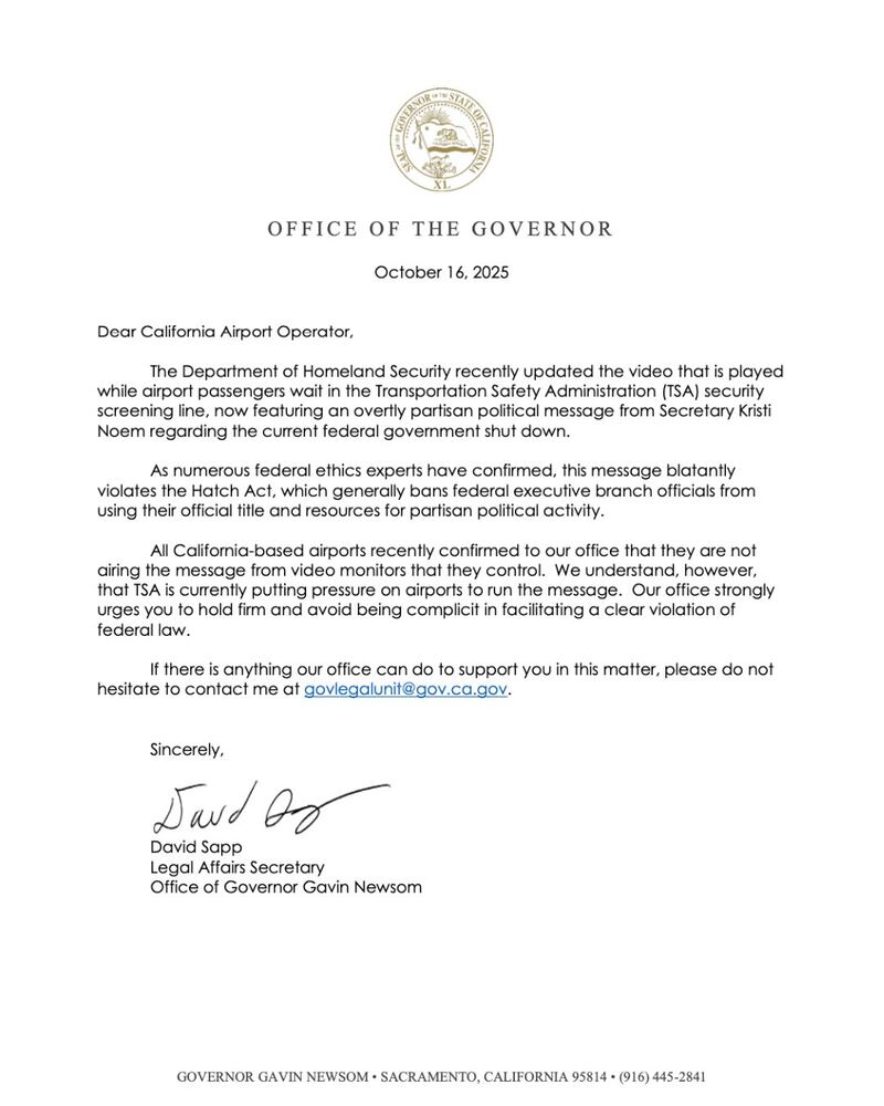 Newsom accused Noem of "blatantly" violating the Hatch Act.