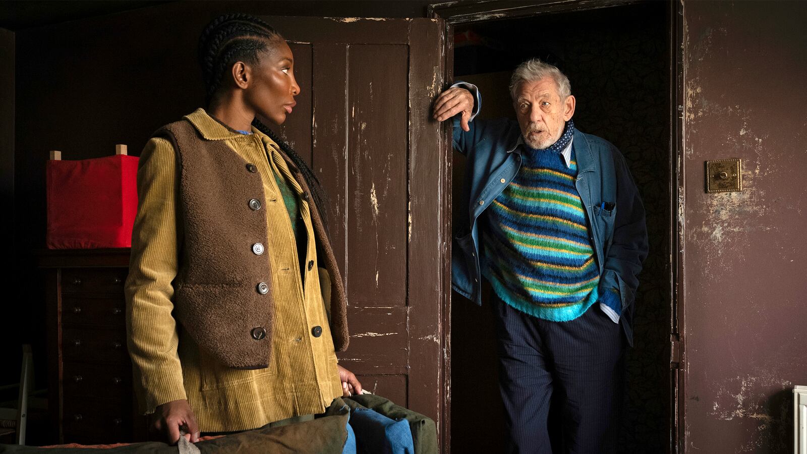 Michaela Coel and Ian McKellen in The Christophers.