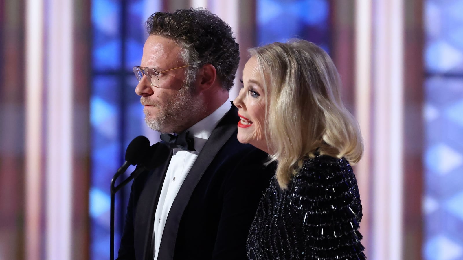 Seth Rogen, Catherine O'Hara during the 82nd Annual Golden Globes held at The Beverly Hilton on January 05, 2025 in Beverly Hills, California. (Photo by Rich Polk/GG2025/Penske Media via Getty Images)