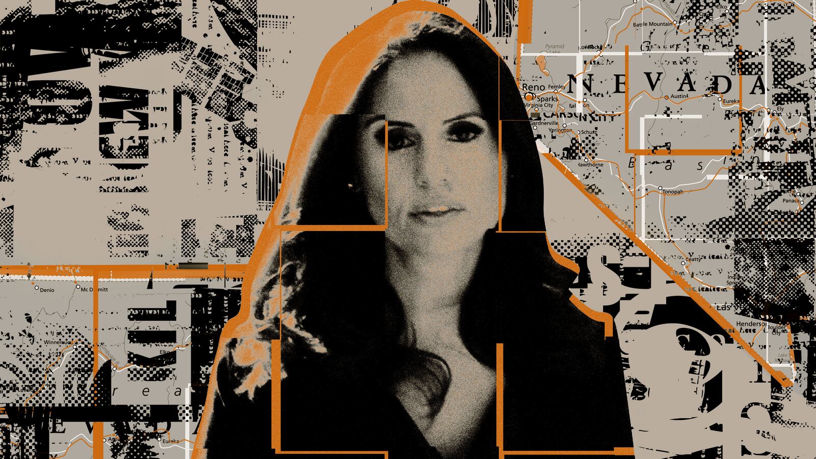 A photo illustration showing Elizabeth Helgelien in front of a collaged background including a map of Nevada.