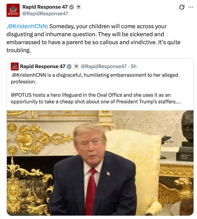 The White House's Rapid Response 47 account attacks CNN's Kristen Holmes.
