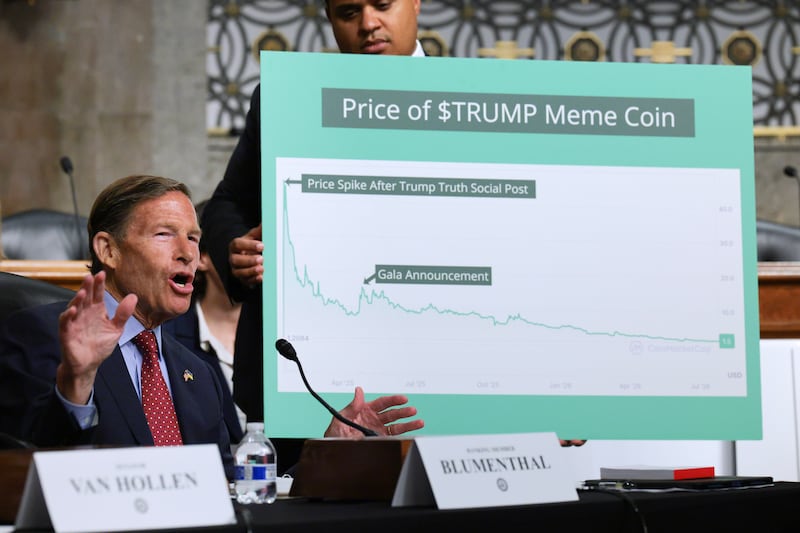 WASHINGTON, DC - JULY 27: Sen. Richard Blumenthal (D-CT) speaks during a forum to discuss U.S. President Donald Trump's official and personal dealings with crypto currency in the Dirksen Senate Office Building on Capitol Hill on July 27, 2026 in Washington, DC. Trump and his family have generated about $1.4 billion in revenue from crypto-related businesses, including the $TRUMP meme coin and World Liberty Financial, at the same time that his presidential administration is tasked with regulating the crypto markets in the United States. (Photo by Chip Somodevilla/Getty Images)