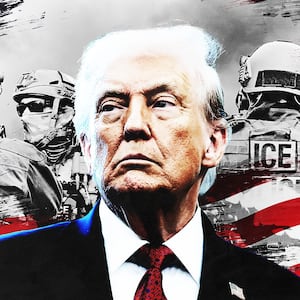Donald Trump standing in front of ICE agents and an American flag.
