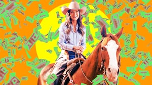 A photo illustration of Secretary of Homeland Security Kristi Noem riding a horse and money flying.