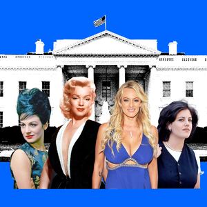 A photo illustration of Ellen Rametsch, Stormy Daniels, Marilyn Monroe, and Monica Lewisnky 