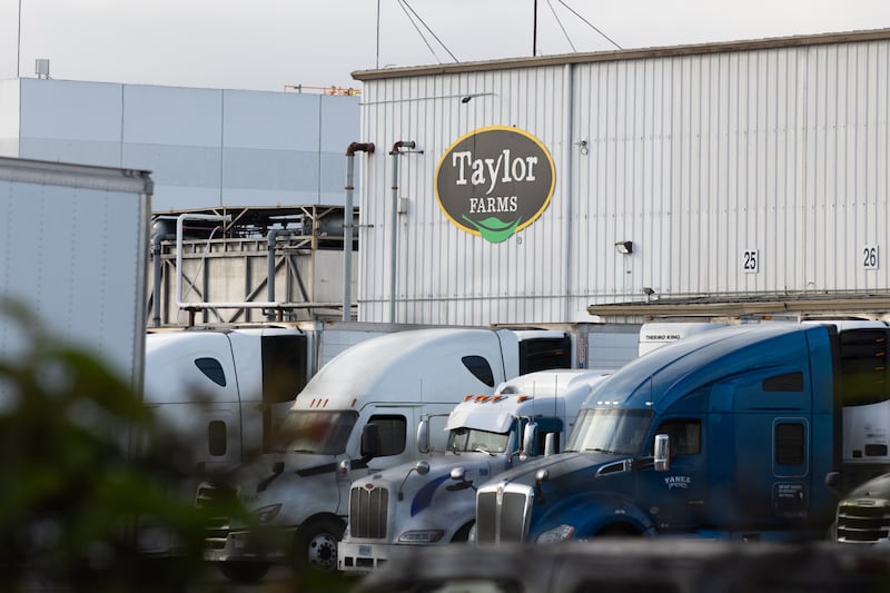 SALINAS, CALIFORNIA - JULY 17: A Taylor Farms sign is displayed at one of their facilities on July 17, 2026 in Salinas, California. Taylor Farms, a global fresh produce supplier, is allegedly connected to the recent cyclosporiasis outbreak. (Photo by Benjamin Fanjoy/Getty Images)