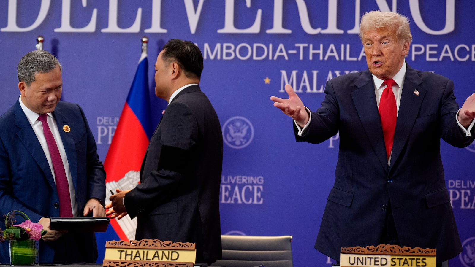 U.S. President Donald Trump speaks after presiding over the signing of a Cambodia-Thailand peace deal