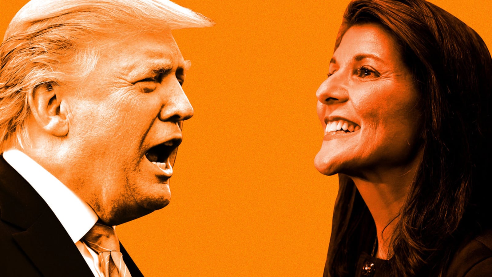 An illustration including former U.S. President Donald Trump and former Governor of South Carolina Nikki Haley