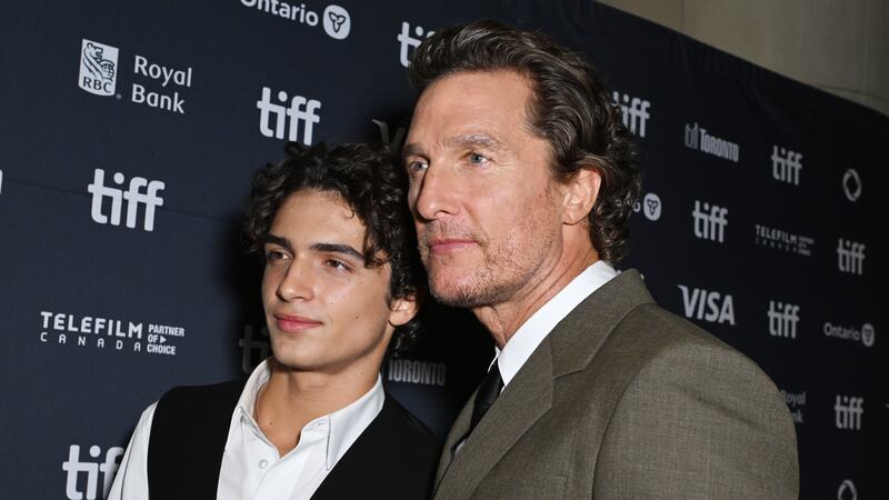 TORONTO, ONTARIO - SEPTEMBER 05: (L-R) Levi Alves McConaughey and Matthew McConaughey attend the premiere of "The Lost Bus" during the 2025 Toronto International Film Festival at Princess of Wales Theatre on September 05, 2025 in Toronto, Ontario.