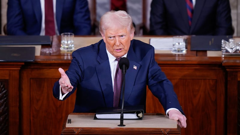 WASHINGTON, DC - MARCH 4: President Donald J Trump addresses a joint session of Congress as Vice President JD Vance and Speaker of the House Mike Johnson (R-LA) listen in the Capitol building's House chamber on Tuesday, March 04, 2025 in Washington, DC. (Photo by Jabin Botsford/The Washington Post via Getty Images)