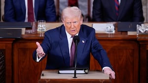 WASHINGTON, DC - MARCH 4: President Donald J Trump addresses a joint session of Congress as Vice President JD Vance and Speaker of the House Mike Johnson (R-LA) listen in the Capitol building's House chamber on Tuesday, March 04, 2025 in Washington, DC. (Photo by Jabin Botsford/The Washington Post via Getty Images)