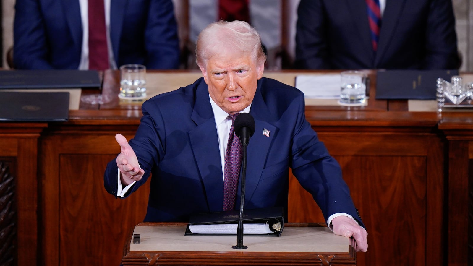 WASHINGTON, DC - MARCH 4: President Donald J Trump addresses a joint session of Congress as Vice President JD Vance and Speaker of the House Mike Johnson (R-LA) listen in the Capitol building's House chamber on Tuesday, March 04, 2025 in Washington, DC. (Photo by Jabin Botsford/The Washington Post via Getty Images)