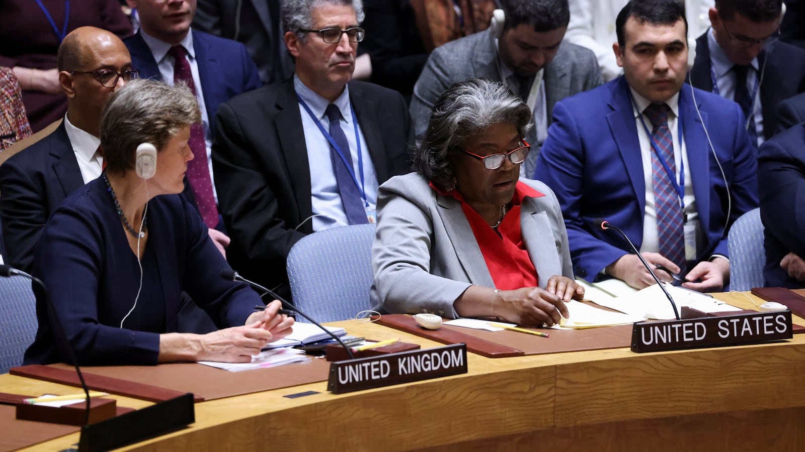 United Nations ambassadors debate the passing of a resolution.