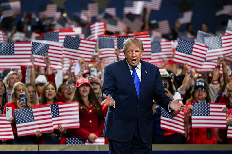 U.S. President Donald Trump gestures on stage at the Republican National Midterm Convention in Dallas, Texas, U.S., September 9, 2026.