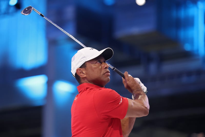 Tiger Woods of Jupiter Links Golf Club warms up before the TGL finals this week. Photo by Adam Glanzman/TGL/TGL Golf via Getty Images.