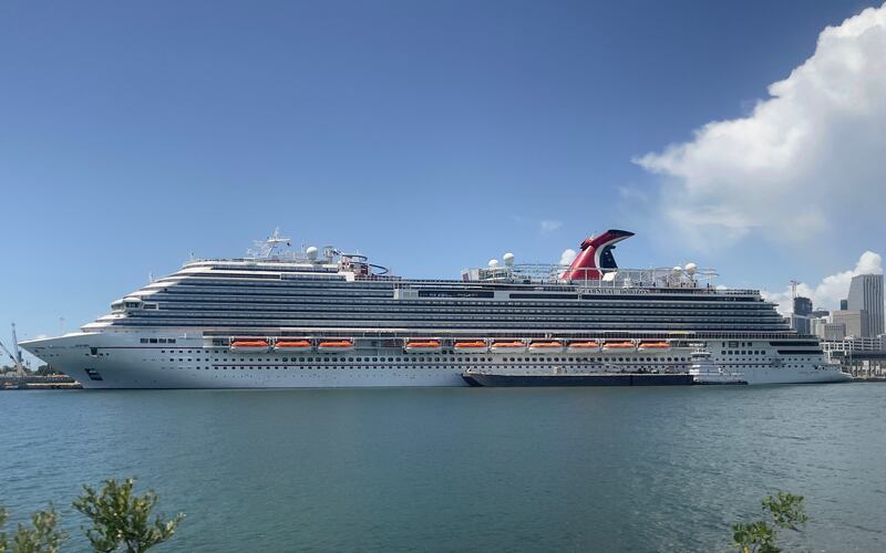 The Carnival Horizon cruise ship is seen moored in the Port of Miami on August 1, 2021
