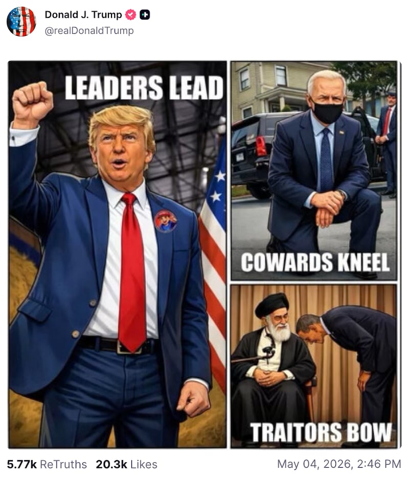 The president found the time to post this AI-generated graphic on the afternoon of May 4, a Monday, amid peace negotiations with Iran.