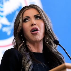 US Secretary of Homeland Security Kristi Noem speaks to staff for the first time at Department of Homeland Security (DHS) headquarters in Washington, DC, on January 28, 2025.