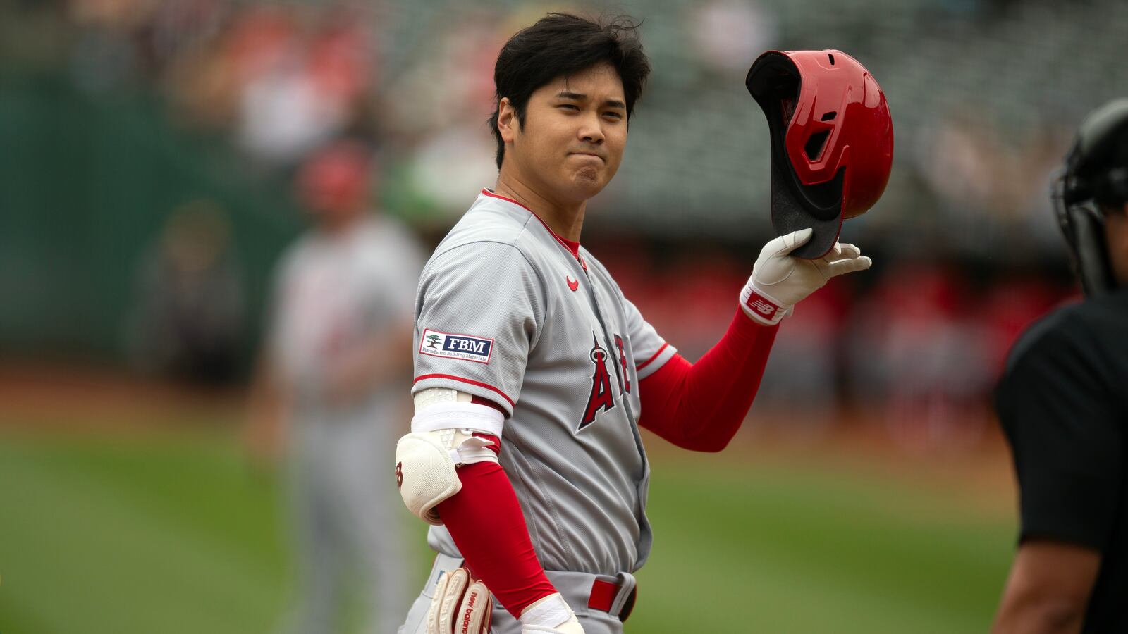 Los Angeles Angels designated hitter Shohei Ohtani (17) requests time while batting against the Oakland Athletics during the first inning at Oakland-Alameda County Coliseum, Sep 2, 2023, Oakland, California, USA.