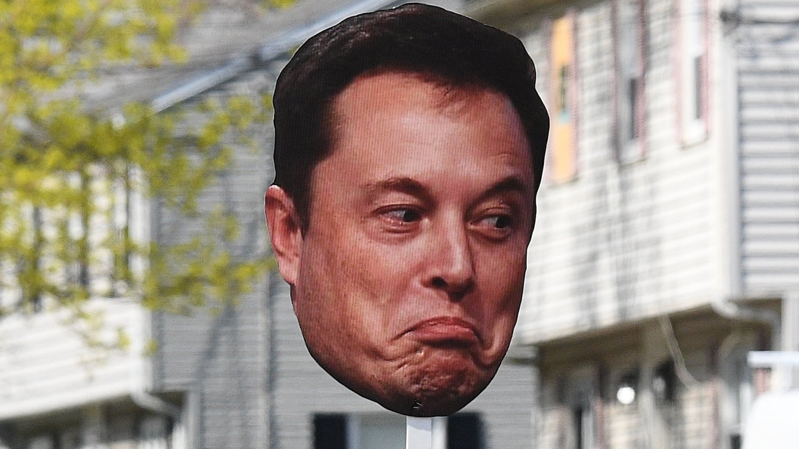 WELLESLEY, MA - APRIL 21: A spectator holds up a sign with a picture of Elon Musk's face during the 129th Boston Marathon on April 21, 2025, in Wellesley, MA. (Photo by Erica Denhoff/Icon Sportswire via Getty Images)