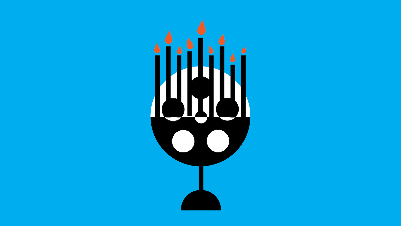 A menorah made from a film reel with candles blowing