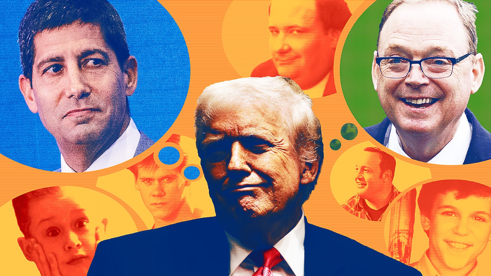 Donald Trump, Kevin Warsh and Kevin Hassett against a background of Kevins in pop culture.