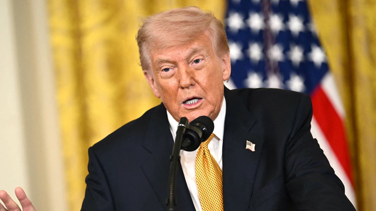 President Donald Trump speaks during a Military Mother's Day Event in the East Room of the White House in Washington, DC, on May 6, 2026.