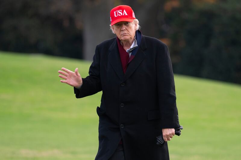 WASHINGTON, DC - NOVEMBER 22: U.S. President Donald Trump arrives on the South Lawn of the White House on November 22, 2025 in Washington, DC. Trump visited Joint Base Andrews in Prince Georges County Maryland to tour the golf course located on the base. (Photo by John McDonnell/Getty Images)