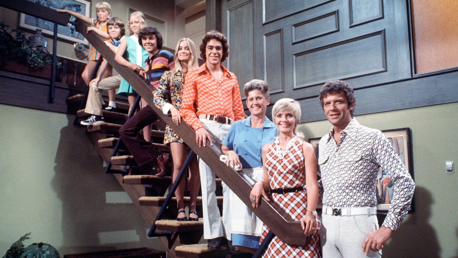 The Brady cast, from top: Cindy (Susan Olsen), Bobby (Mike Lookinland), Jan (Eve Plumb), Peter (Christopher Knight), Marcia (Maureen McCormack), Greg (Barry Williams), Carol (Florence Henderson, second from left) and Mike (Robert Reed). Alice (played by Ann B. Davis, third from right.)
