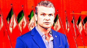 A photo illo illustration of Pete Hegseth and Iranian flags.