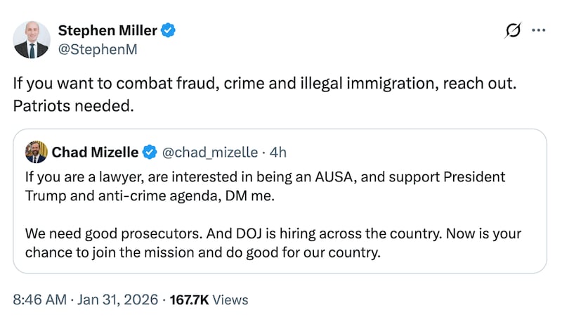 Stephen Miller recruits Assistant U.S. Attorneys via X.