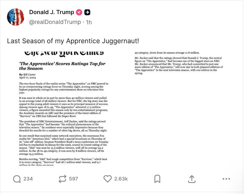 Pres. Donald Trump had no public events on his Wednesday schedule and instead was posting about 22-year-old ratings from The Apprentice.