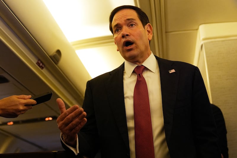 U.S. Secretary of State Marco Rubio speaks to reporters on board his plane at Jaipur International Airport in Jaipur, India, Tuesday, May 26, 2026.