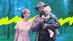 A photo illustration of Felicity Jones as Gladys and Joel Edgerton as Robert Grainier in Train Dreams.