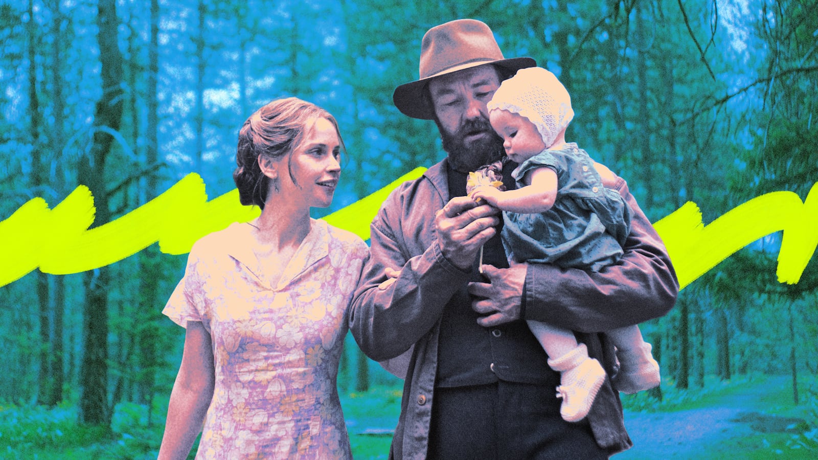 A photo illustration of Felicity Jones as Gladys and Joel Edgerton as Robert Grainier in Train Dreams.