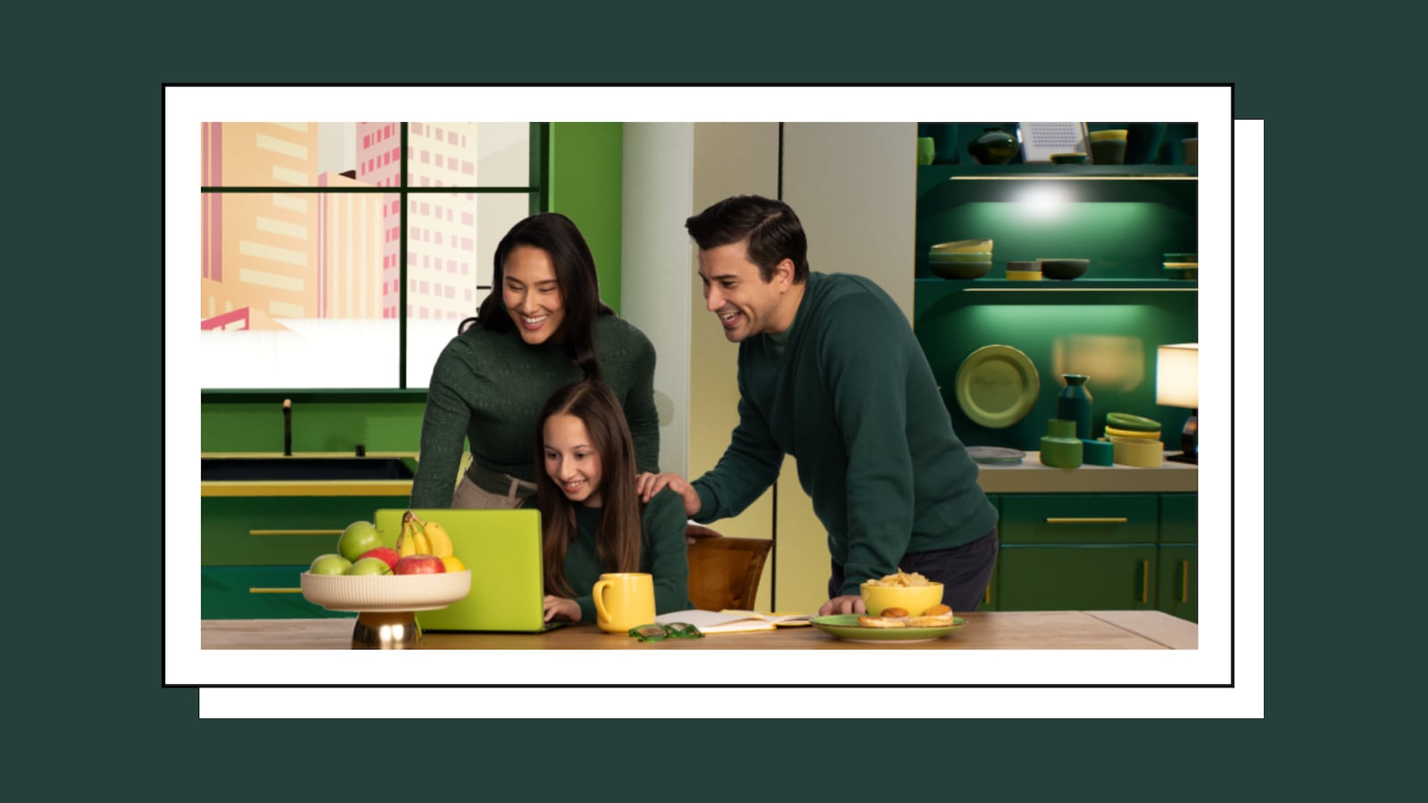 A father, mother, and daughter browsing a laptop together in their kitchen.