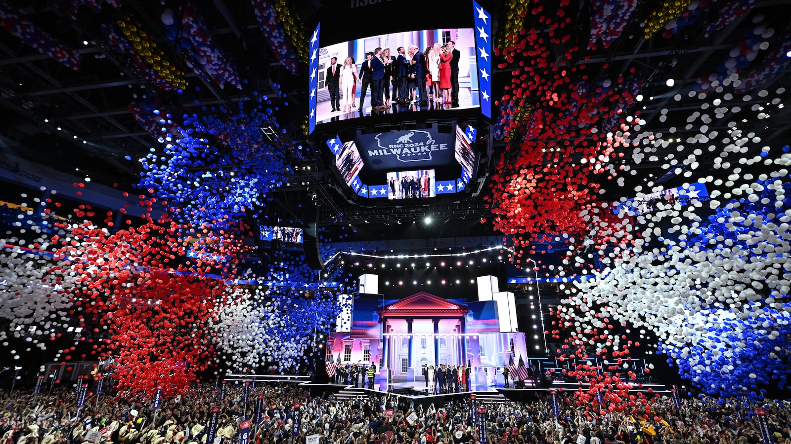 Balloons fall after Donald Trump accepts his party's nomination on the last day of the 2024 Republican National Convention in Milwaukee.