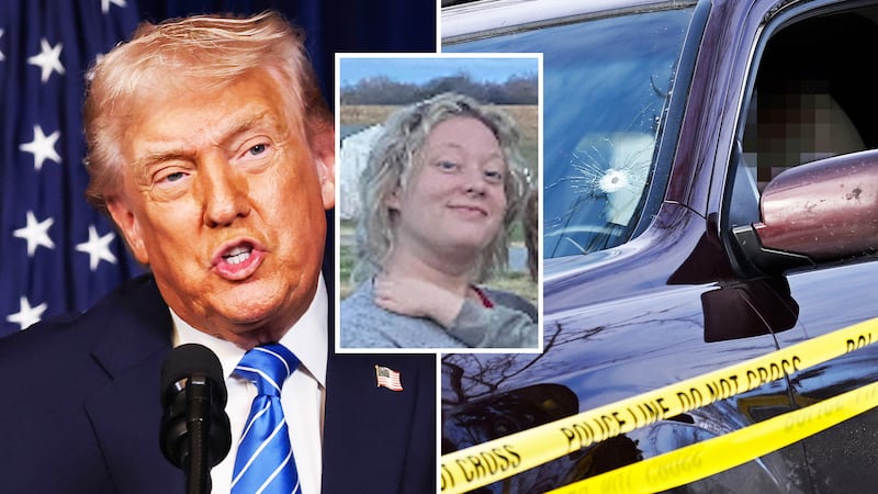 A photo of Renee Good along with Donald Trump and the vehicle involved in a shooting by an ICE agent during federal law enforcement operations on Jan. 7, 2026 in Minneapolis, Minnesota.