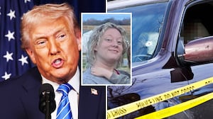 A photo of Renee Good along with Donald Trump and the vehicle involved in a shooting by an ICE agent during federal law enforcement operations on Jan. 7, 2026 in Minneapolis, Minnesota.