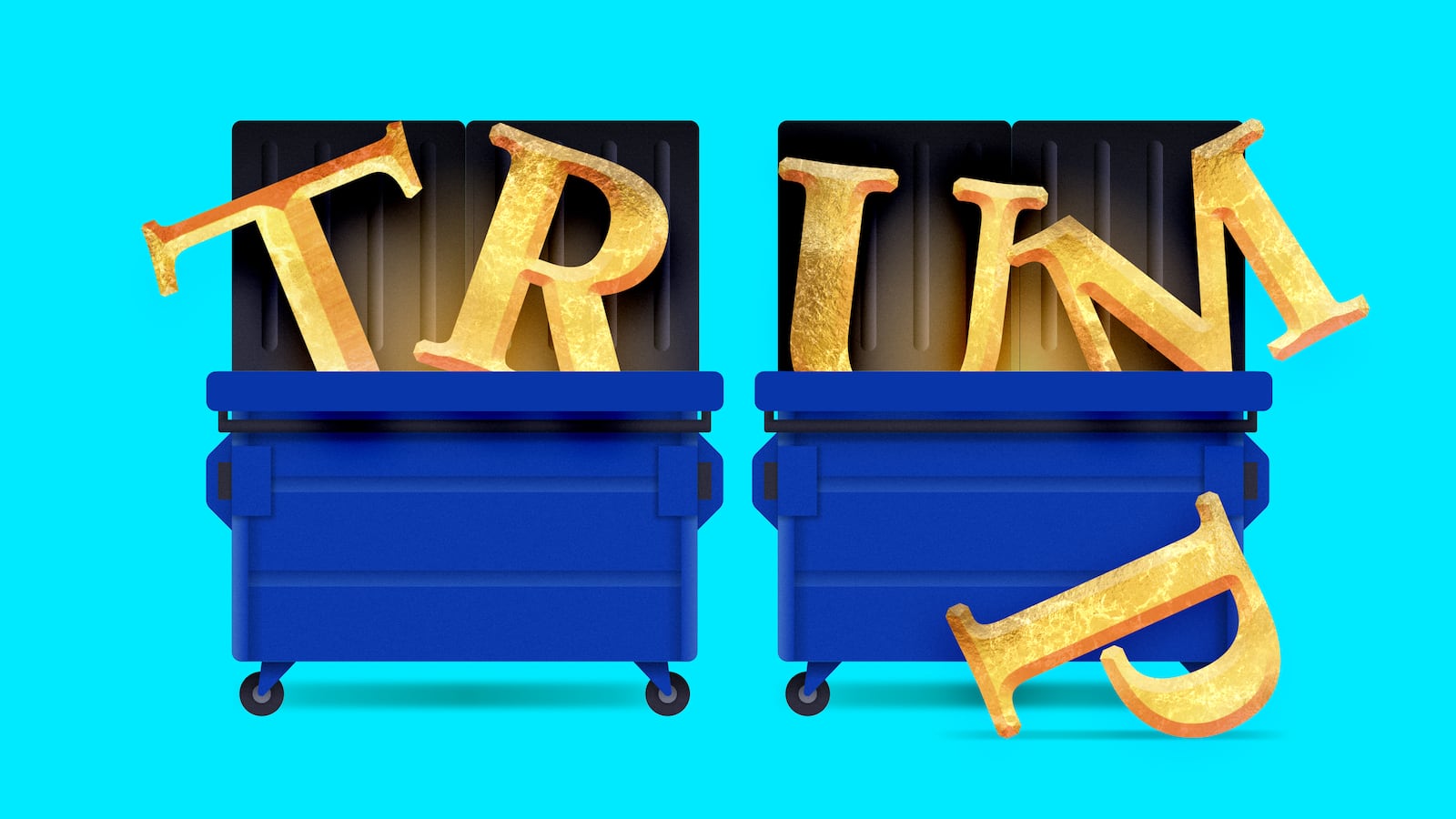A photo illustration of the letters spelling TRUMP in two blue dumpsters.