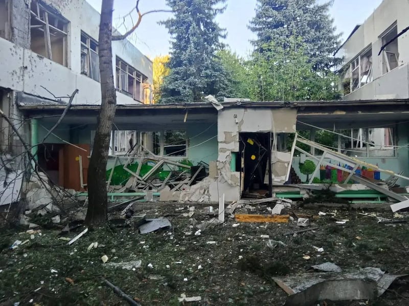 A damaged building of a kindergarten following a Ukrainian drone attack, according to regional authorities, in the course of the Russia-Ukraine conflict, in the town of Elektrostal, Moscow region, Russia, in this handout image released on July 18, 2026. Governor of Moscow region Andrei Vorobyov/Handout via REUTERS  ATTENTION EDITORS - THIS IMAGE WAS PROVIDED BY A THIRD PARTY. NO RESALES. NO ARCHIVES. MANDATORY CREDIT. BEST QUALITY AVAILABLE