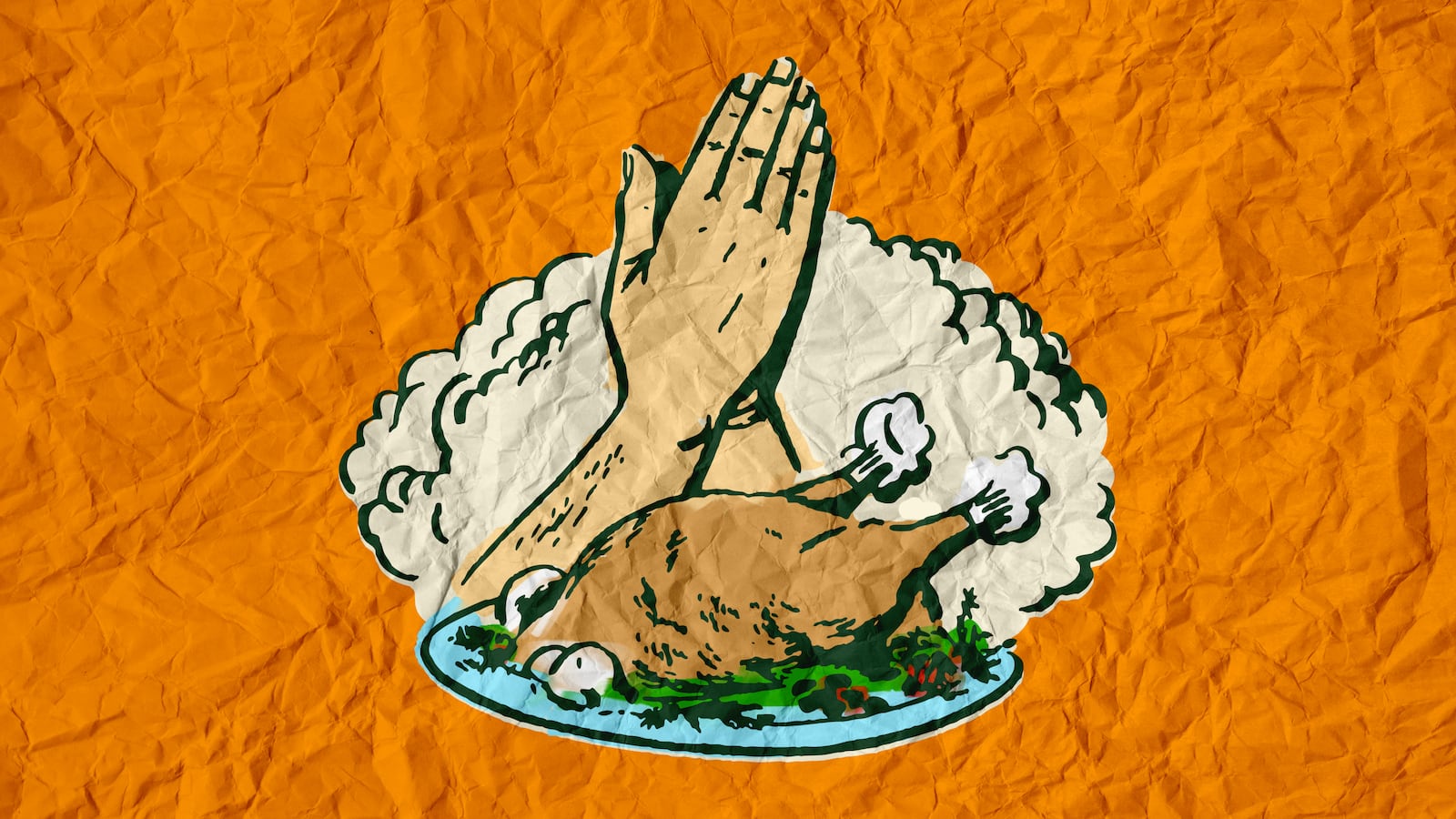 A photo illustration of giving thanks over a Thanksgiving Dinner.