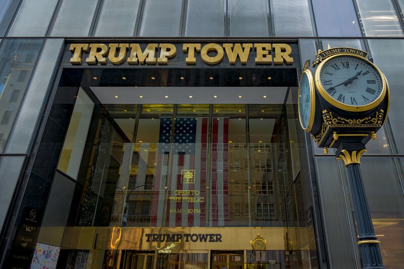 MANHATTAN, NEW YORK, UNITED STATES - 2025/06/09: Marquee and clock at the main entrance to the Trump Tower building in Manhattan. (Photo by Erik McGregor/LightRocket via Getty Images)