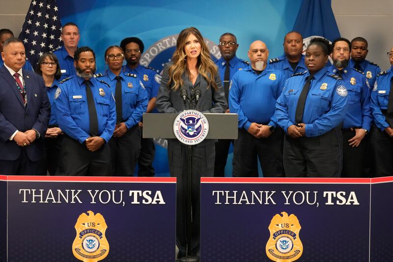 United States Secretary of Homeland Security Kristi Noem speaks at a media conference