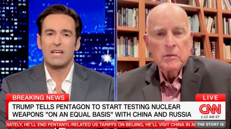 Ex CA Governor Jerry Brown discussing Trump's nuclear actions on CNN.